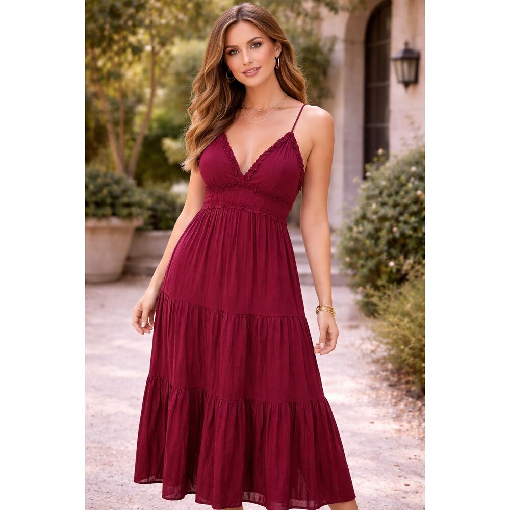 She + Sky Burgundy Tiered Maxi Dress Size M EUC Boho Whimsigoth Wedding Guest